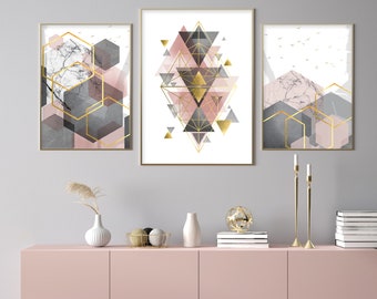 Set of 3 printable blush pink grey gold posters Living room art large Digital download geometric wall art Downloadable modern artwork trio