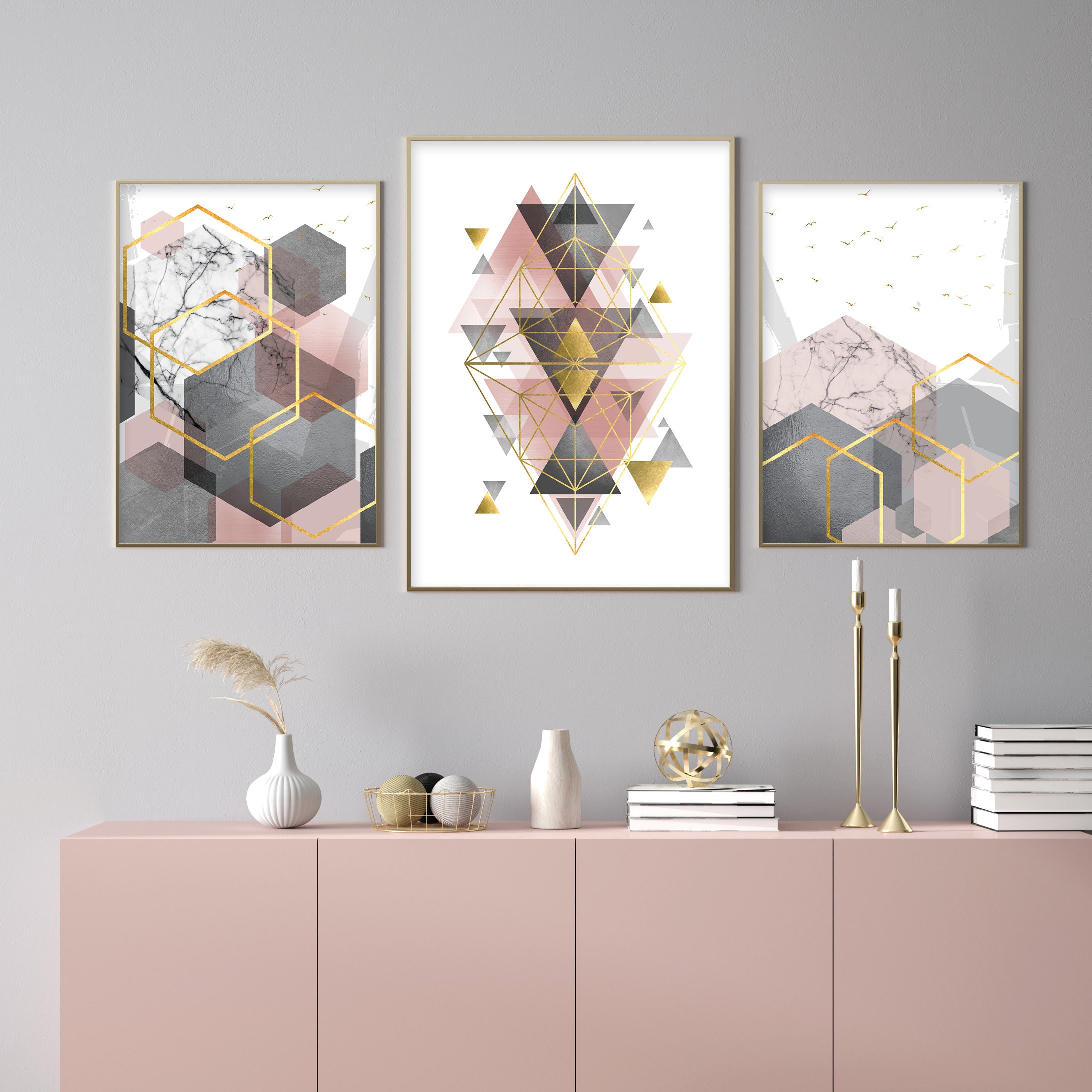 Buy Set of 3 Printable Blush Pink Grey Gold Posters Living Room Online in  India 