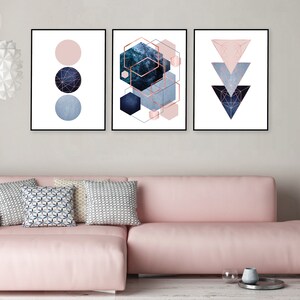 Printable Navy Rose Gold Wall Art, Set of 3 Prints Bedroom, Blush Pink ...
