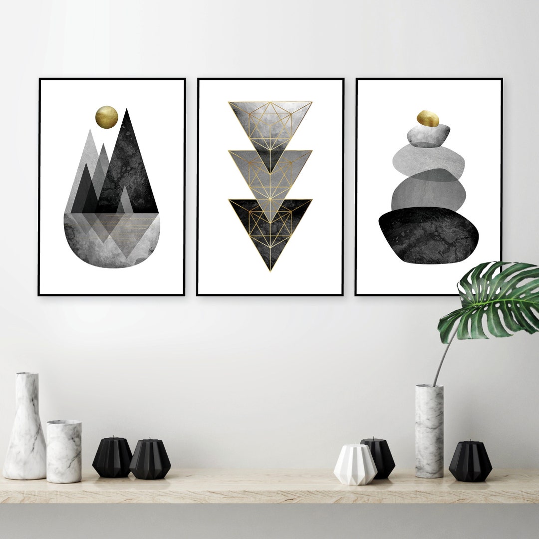 Printable Art Set of 3, Black Grey Gold Digital Download, Trio Matching ...