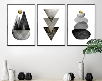 Printable art set of 3, Black grey gold digital download, Trio matching downloadable prints, Black gold triptych posters, Elegant artwork