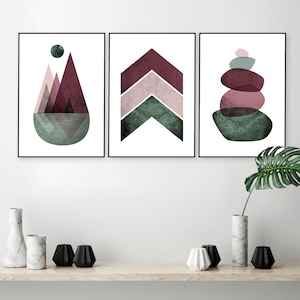 Set of 3 downloadable prints blush pink green burgundy Instant download of Scandinavian Mountains Geometric Balancing Stones Poster Wall art