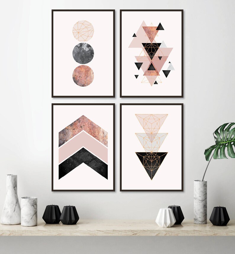 Set Of 4 Able Geometric Prints In Blush Pink Rose Gold Black Grey Printable Art Poster Scandinavian Wall Bedroom Decor