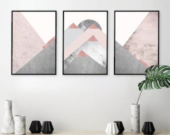 Printable art Downloadable prints Set of 3 Mountains Blush Pink Grey Scandinavian Modern Contemporary Poster Wall decor Triptych Trending