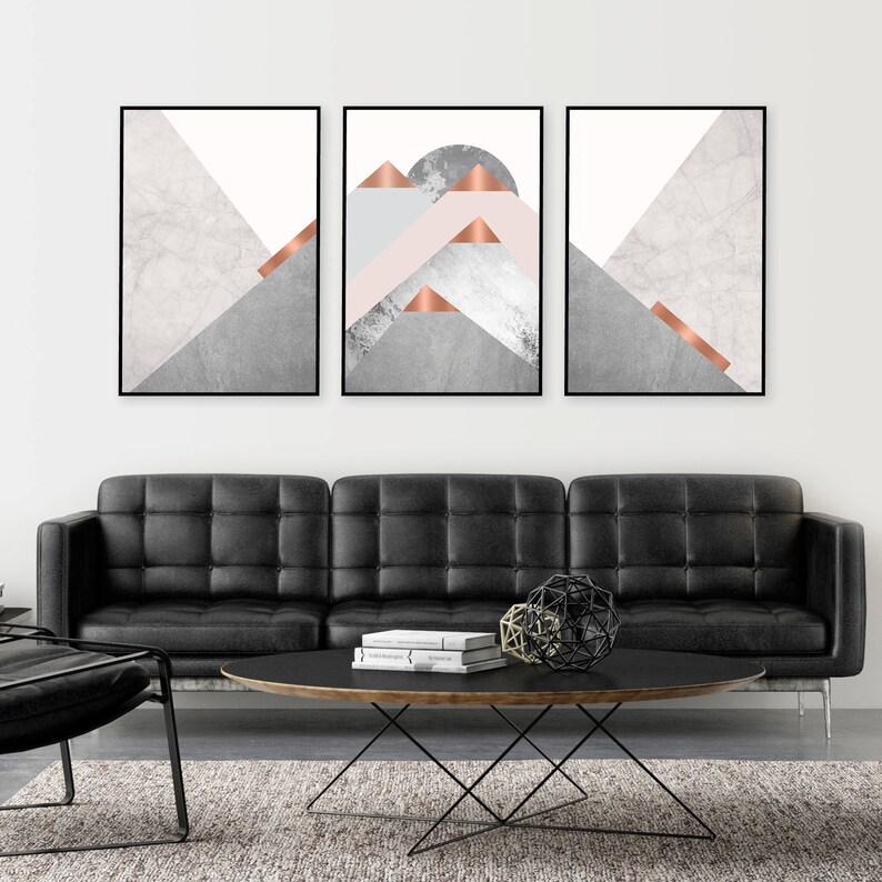 Mountain triptych wall art instant download in blush pink grey Etsy