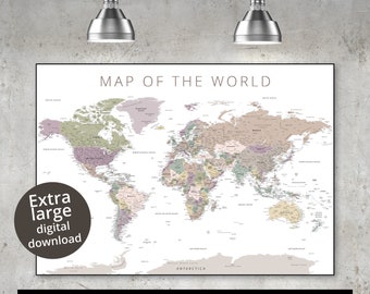 May include: A digital download of a large, detailed map of the world. The map is printed on a white background with beige, green, and purple color accents. The map includes country borders, major cities, and oceans. The text "MAP OF THE WORLD" is printed at the top of the map. The text "ANTARCTICA" is printed at the bottom of the map.