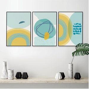 Set of 3 printable minimalist abstract posters in teal and yellow Mid Century modern wall art Downloadable digital prints Minimal wall art