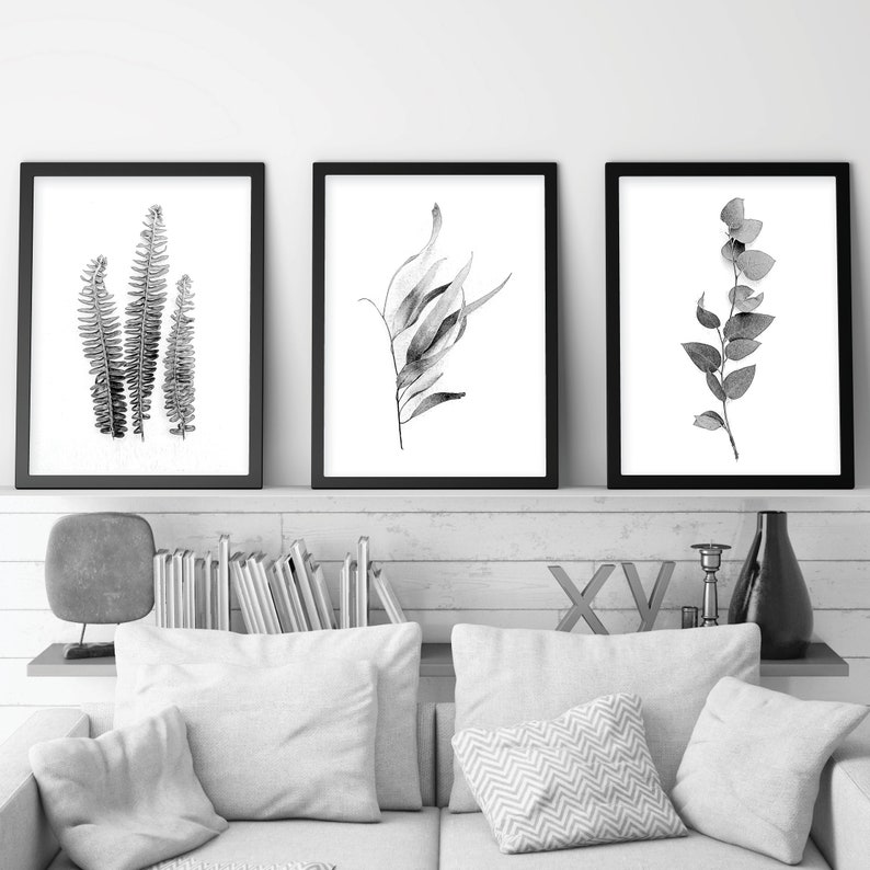 Downloadable set of 3 botanical prints black white monochrome Printable art Australian gum leaves fern fronds Print set Wall art Wall Decor image 2