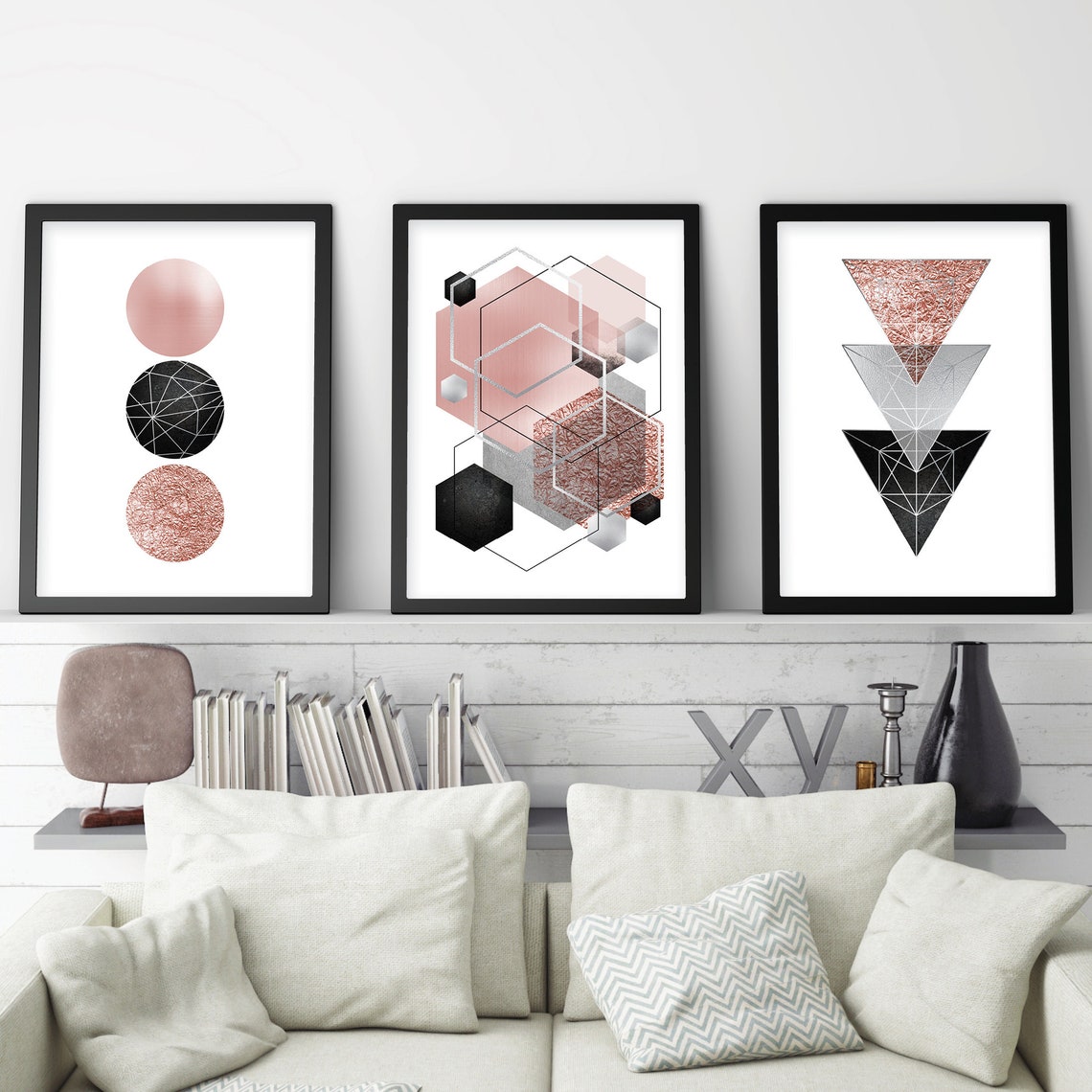 Digital download blush pink grey silver wall art set of 3 Etsy