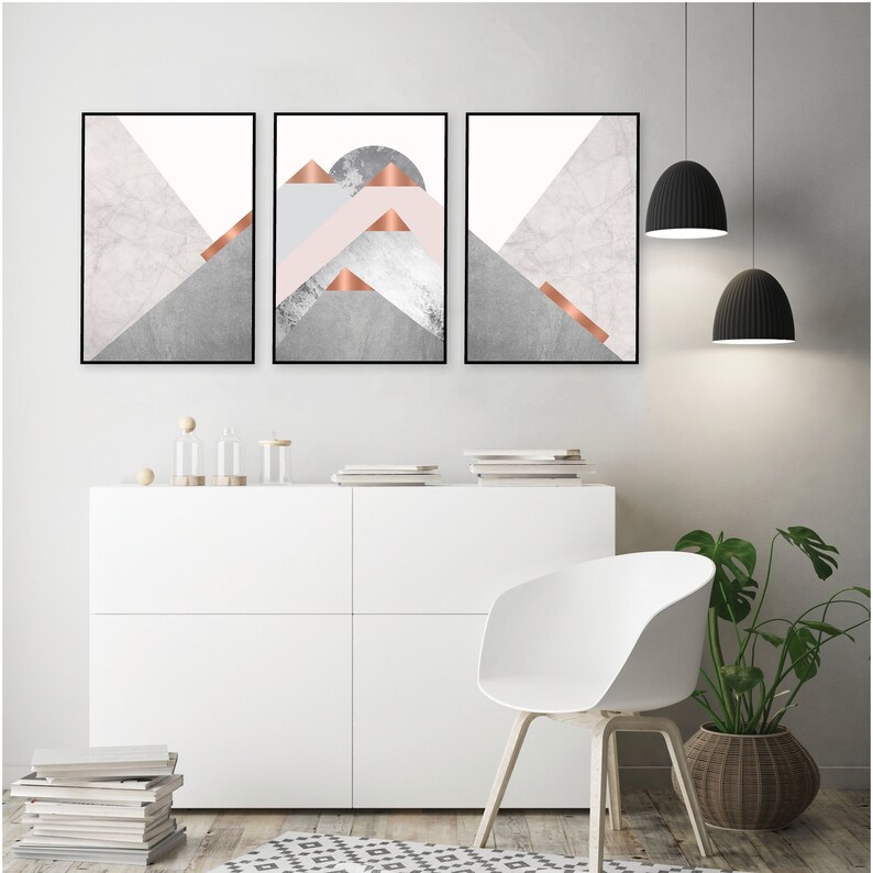 Mountain triptych wall art instant download in blush pink grey Etsy