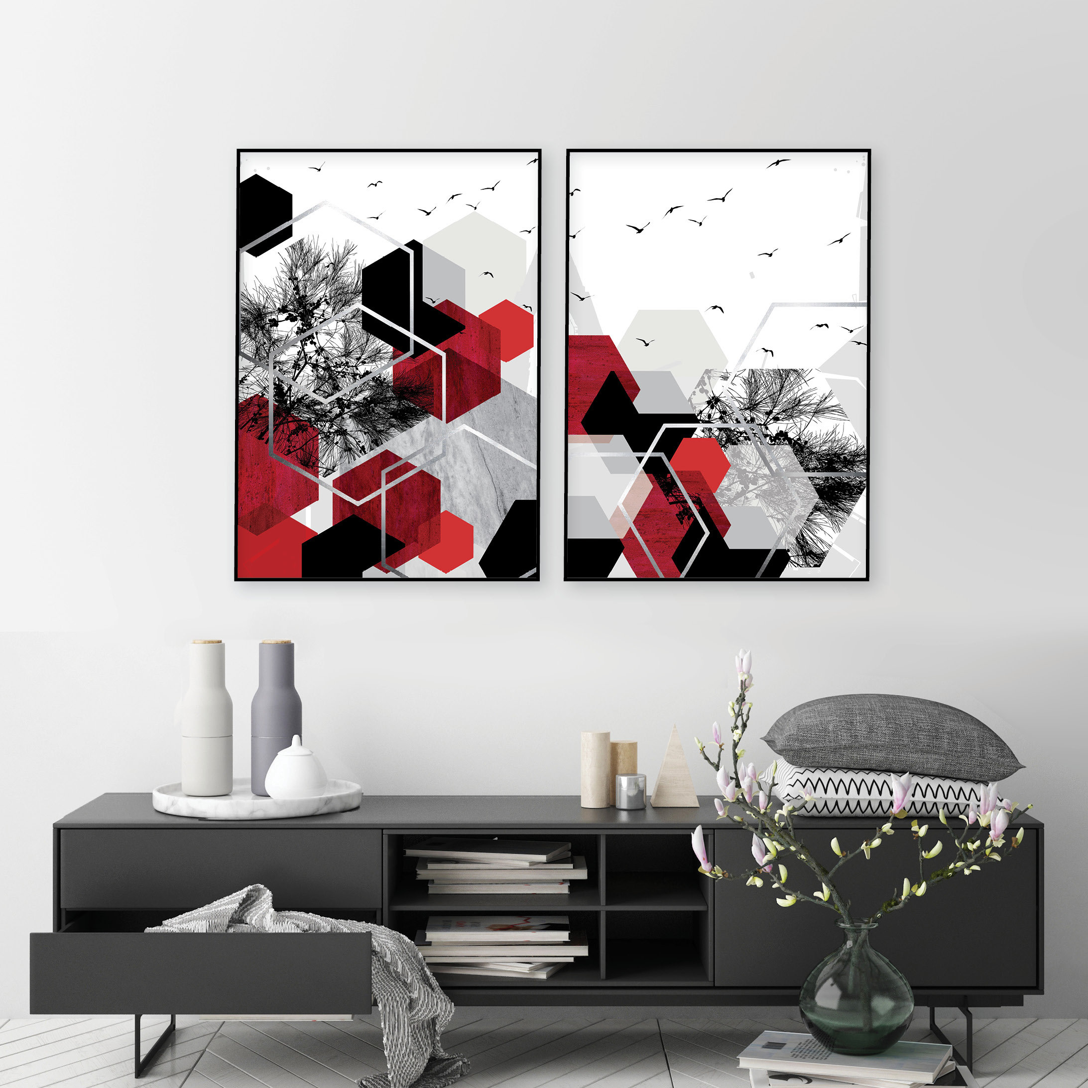 Printable set of 2 red grey black silver geometric abstract | Etsy