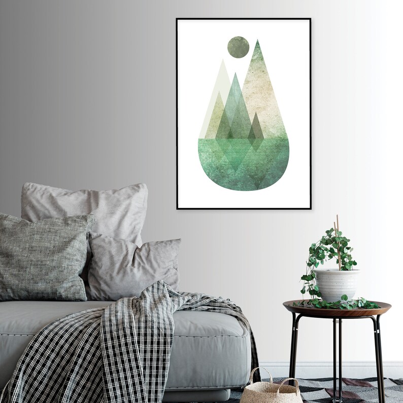 Nordic mountain printable poster green Scandinavian mountains | Etsy