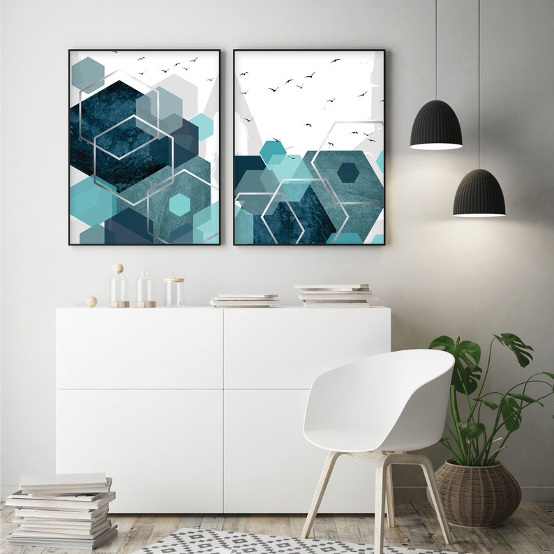 Set of 2 printable abstract art prints in teal aqua turquoise silver Downloadable geometric Hexagonal wall art Poster downloads High res A1
