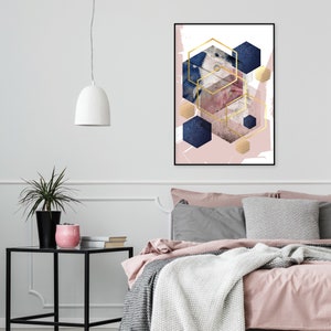 Poster digital download in blush pink navy blue and gold Downloadable abstract print Printable hexagon wall art Scandi decor modern image 6