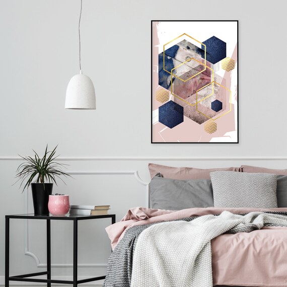 Poster Digital Download In Blush Pink Navy Blue And Gold Downloadable Abstract Print Printable Hexagon Wall Art Scandi Decor Modern