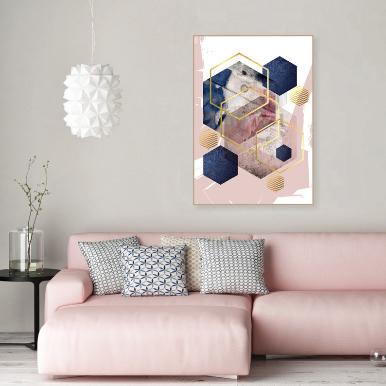 Poster digital download in blush pink navy blue and gold Downloadable abstract print Printable hexagon wall art Scandi decor modern image 10