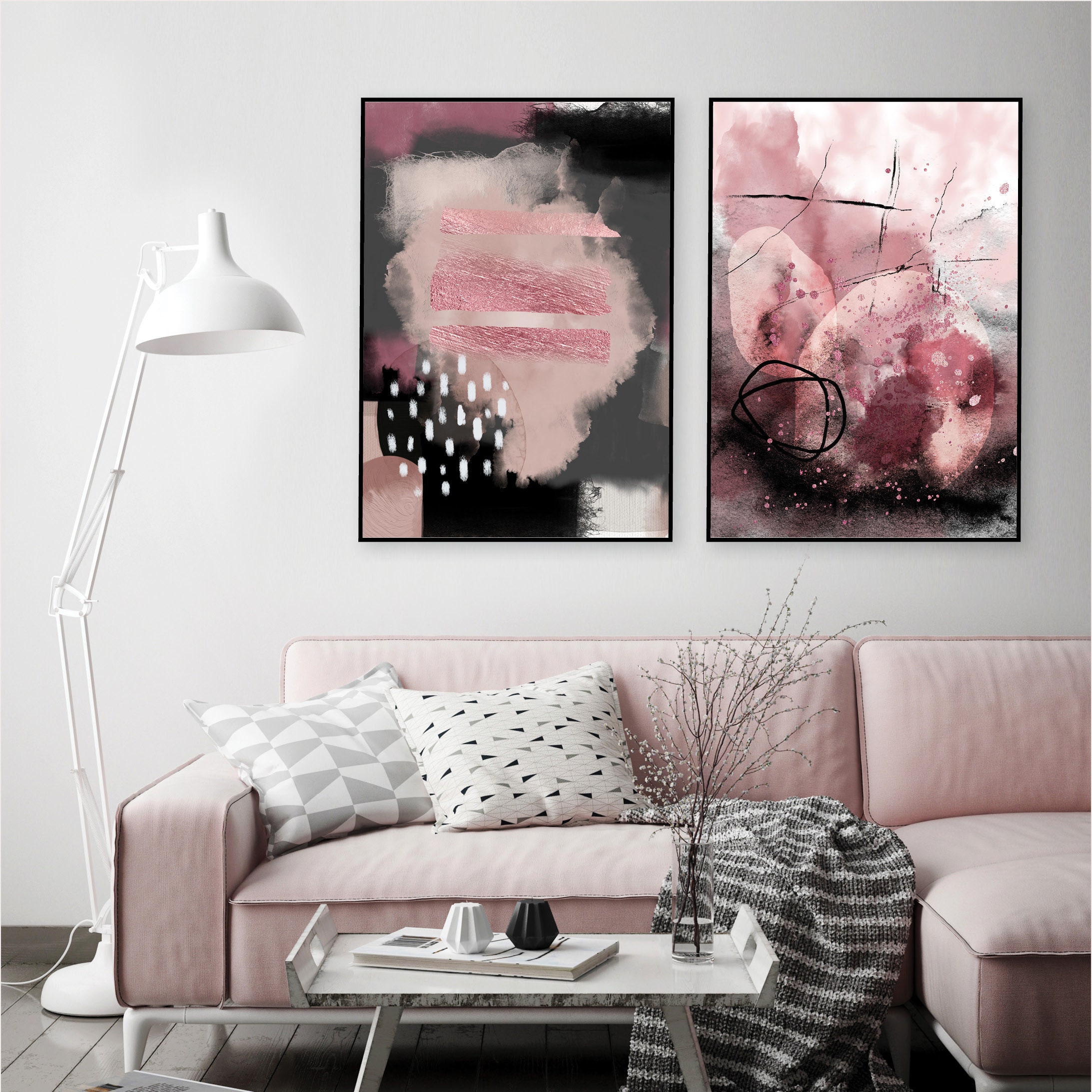 Set of 2 Blush Pink Grey Printable Art Blush Abstract | Etsy