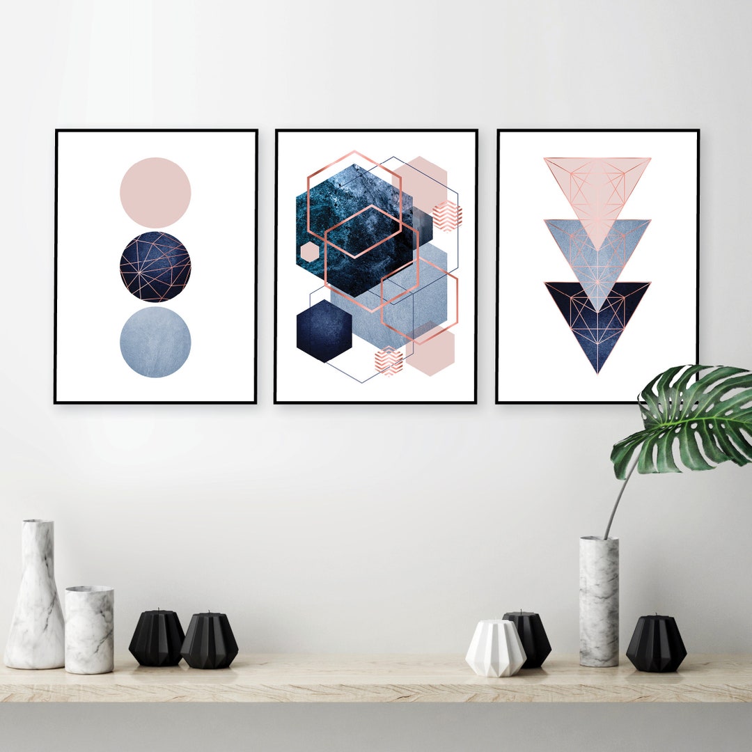 Printable Navy Rose Gold Wall Art Set of 3 Prints Bedroom - Etsy