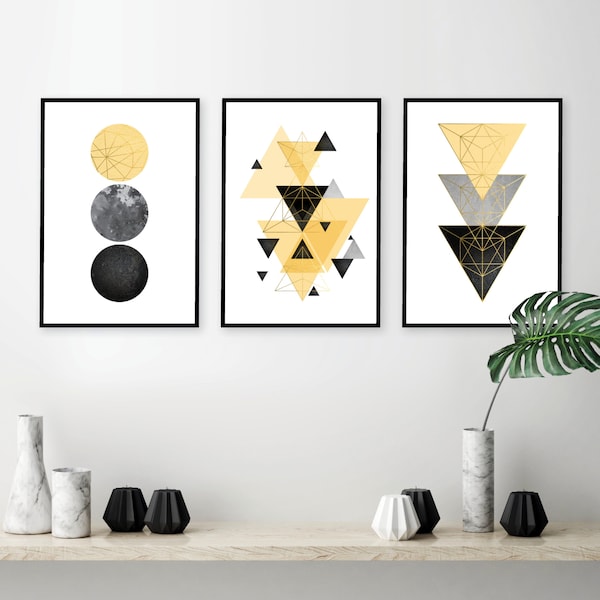 Conjunto de descarga instantánea de 3 impresiones cuadradas escandinavas en oro gris negro amarillo Imprimible arte de pared geométrica decoración del hogar Minimalista Escandinavo