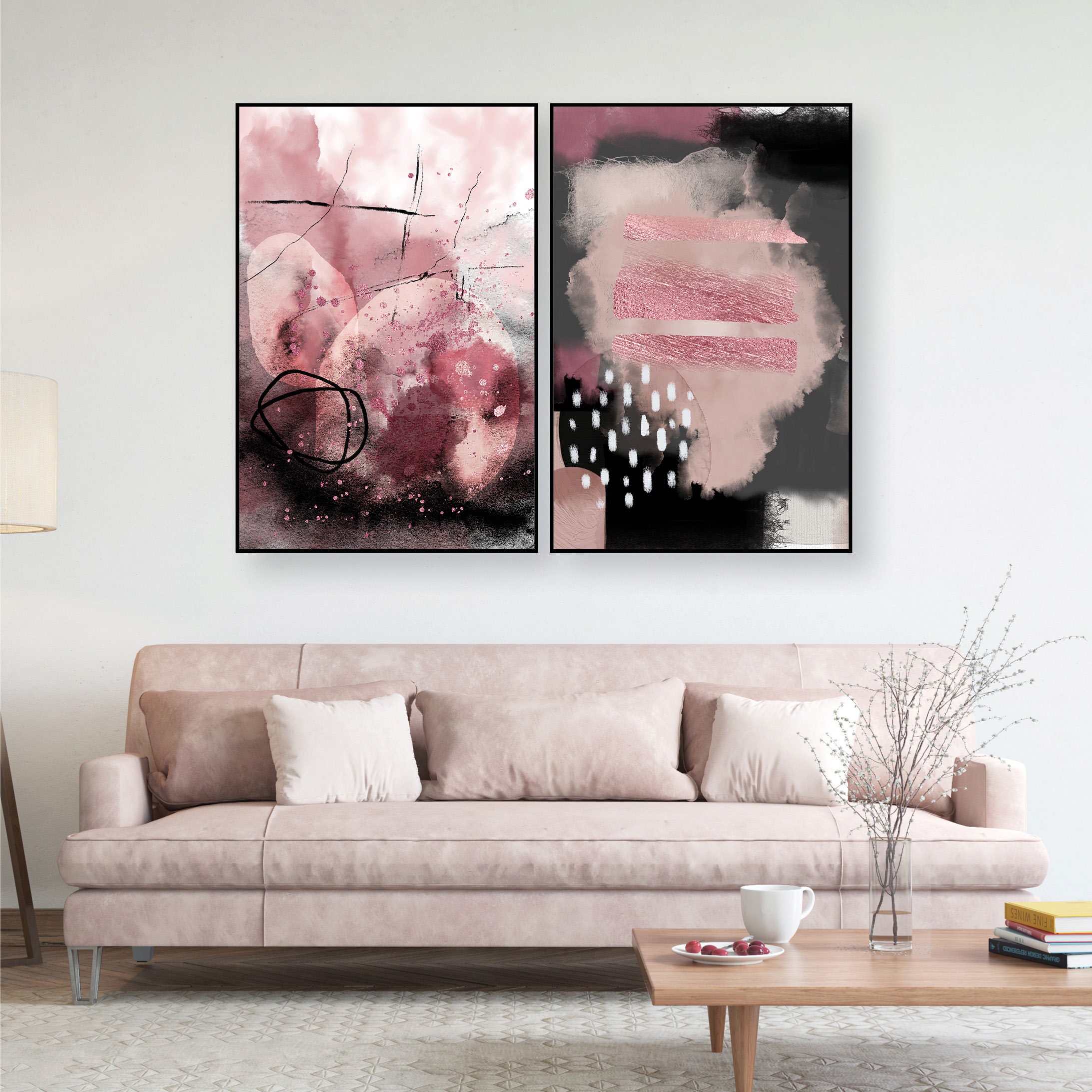 Set of 2 Blush Pink Grey Printable Art, Blush Abstract