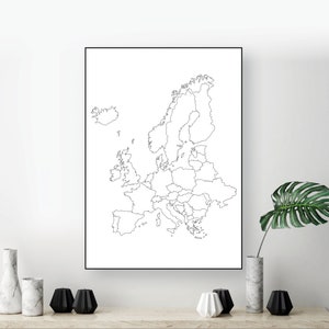 Carte de l'Europe en téléchargement numérique, Grande carte européenne minimaliste, Blanche avec contours noirs, Carte de l'Europe téléchargeable, Cartes imprimables, Carte vierge