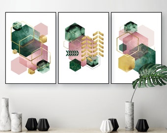 Downloadable prints, Emerald green pink gold, Set of 3 matching trio, Printable art set pink green, Abstract printable, Geometric download