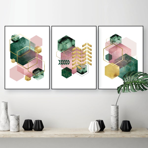 Downloadable prints, Emerald green pink gold, Set of 3 matching trio, Printable art set pink green, Abstract printable, Geometric download