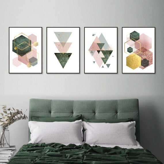 Set Of 4 Printable Blush Pink Hunter Green And Gold Geometric Art Prints Digital Download Bedroom Wall Decor Trending Now Wall Art 61 X 91cm