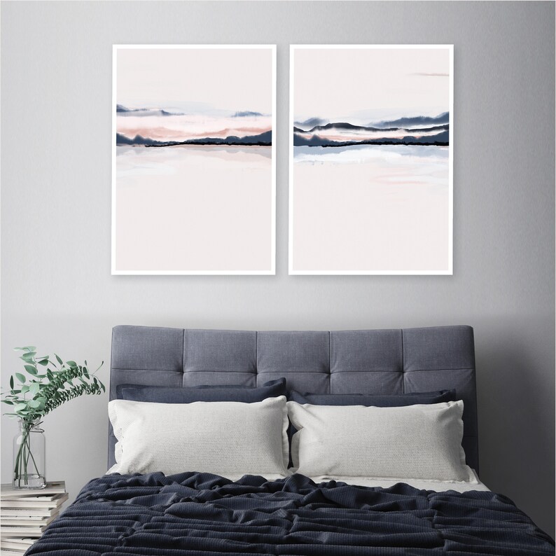 Horizon Blush Navy Wall Art Set of 2 Prints Navy Blush Etsy