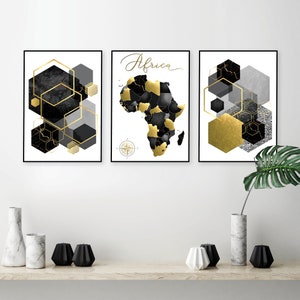Printable Africa map, Black white grey gold printable set of 3, Africa map digital download, Geometric downloadable prints, elegant wall art