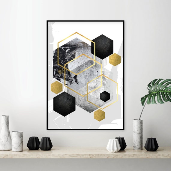 Large Black Modern Poster Geometric Print Decor Wall - Grey Gold A1 Contemporary Art Etsy Art Downloadable Wall Hexagon Geometric Printable White