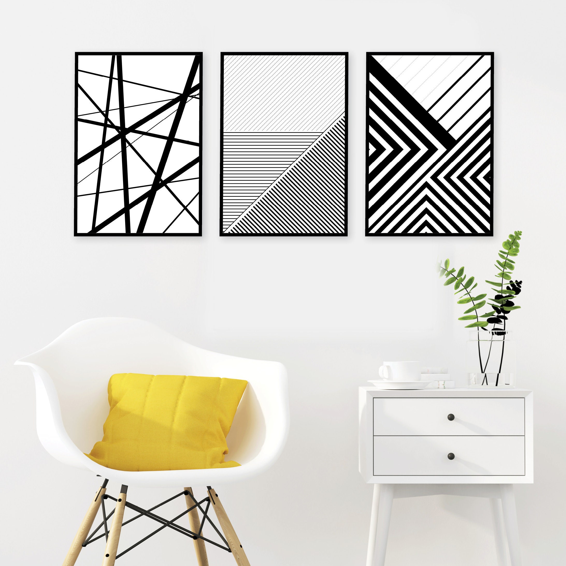 Geometric Lines Art Print Set, Black and White Posters (digital ...