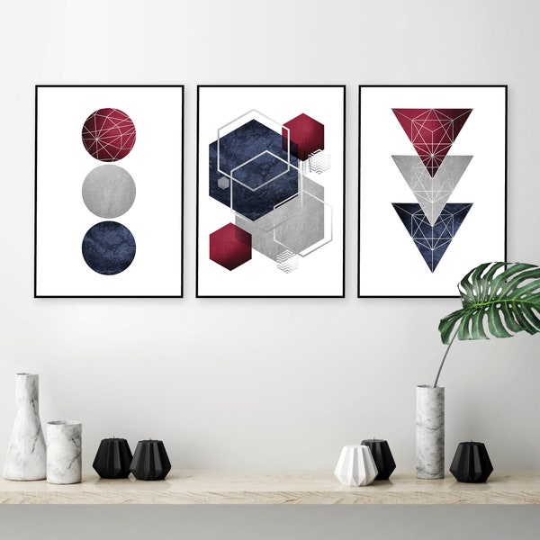 Ensemble de 3 impressions téléchargeables géométriques bleu marine bordeaux gris argent Ensemble d'impressions assorties trio Posters imprimables grandes dimensions Impressions d'art hexagonales