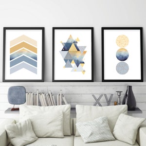 Printable set of 3 geometric wall art posters in mustard yellow and navy blue Scandinavian minimalist geometry prints download Trio matching