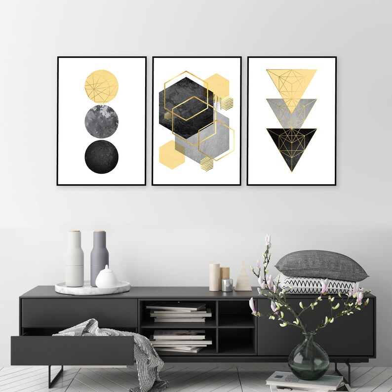 Downloadable Prints, Set of 3 Prints, Print Set, Yellow, Black, Gold, Scandinavian Art, Geometric, Minimalist Poster, Wall Art, Trending Art image 2