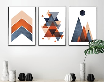 Set of 3 navy blue and burnt orange printable wall art Geometric art set Chevrons Scandi Mountains modern mid century downloadable prints