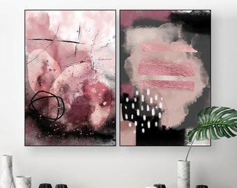 Set of 2 blush pink grey printable art, blush abstract downloadable prints, pink bedroom wall art, pink black grey wall art, statement art