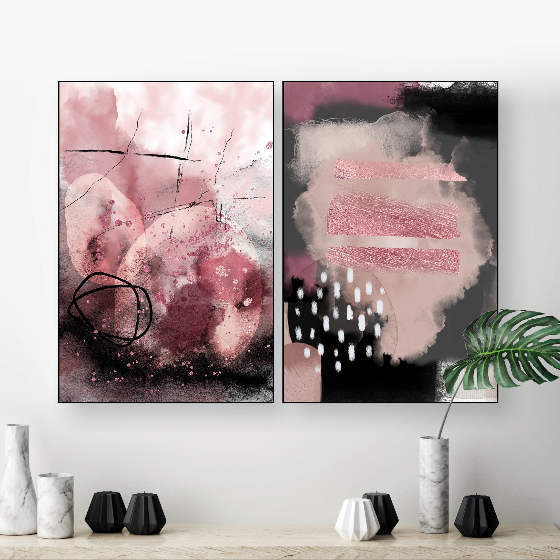 Set of 2 Blush Pink Grey Printable Art, Blush Abstract Downloadable
