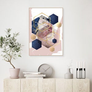Poster digital download in blush pink navy blue and gold Downloadable abstract print Printable hexagon wall art Scandi decor modern image 9