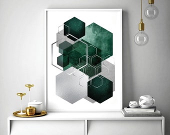 Digital download of emerald green and silver geometric print, Printable abstract geometric wall art, Hexagon wall decor, Large art download