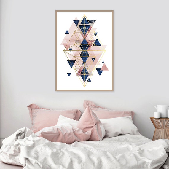 Blush Pink Navy Blue And Gold Downloadable Modern Geometric Print Printable Geometric Wall Art Decor Contemporary Dark Blue Pink Art Prints
