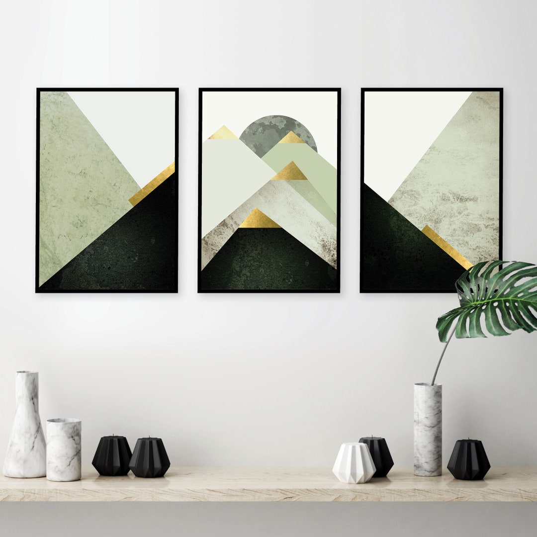 Printable Set of 3 Nordic Mountains Downloadable Scandinavian Triptych in Dark Green and Gold ...