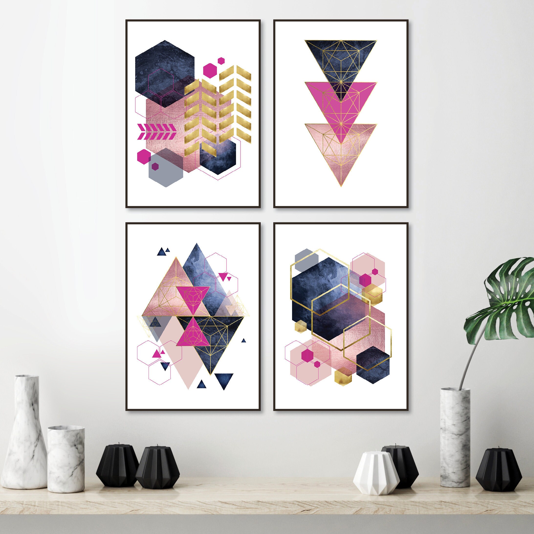 Conjunto de arte imprimible de 4 azul marino azul rosa fushia | Etsy