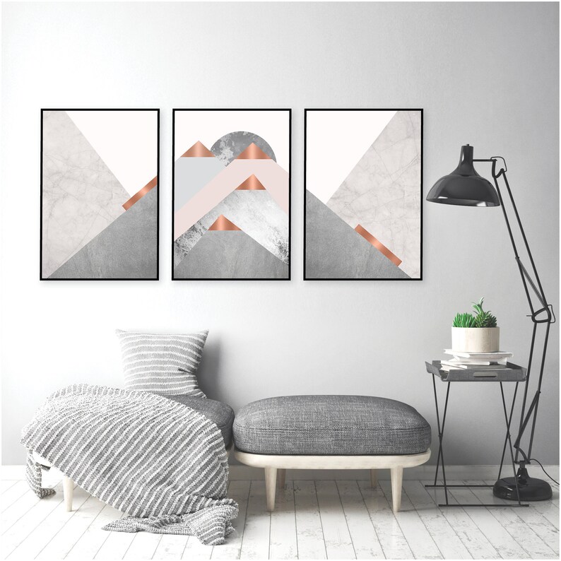 Mountain triptych wall art instant download in blush pink grey Etsy
