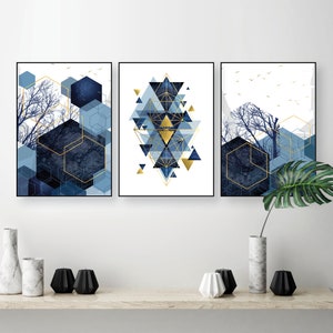 Set of 3 downloadable geometric abstract prints in navy blue with gold accents Printable trio matching art set Scandi wall art navy bedroom