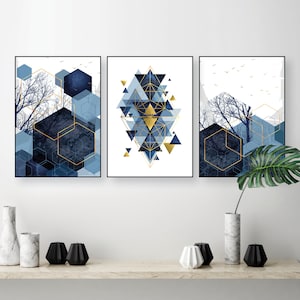 Set of 3 downloadable geometric abstract prints in navy blue with gold accents Printable trio matching art set Scandi wall art navy bedroom