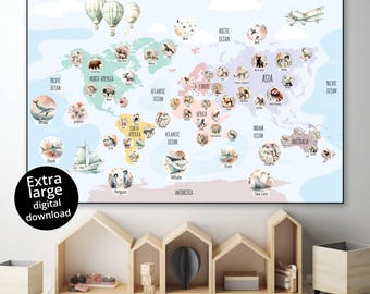 Pastel Wildlife World Map, Kids Educational Print (Digital Download)