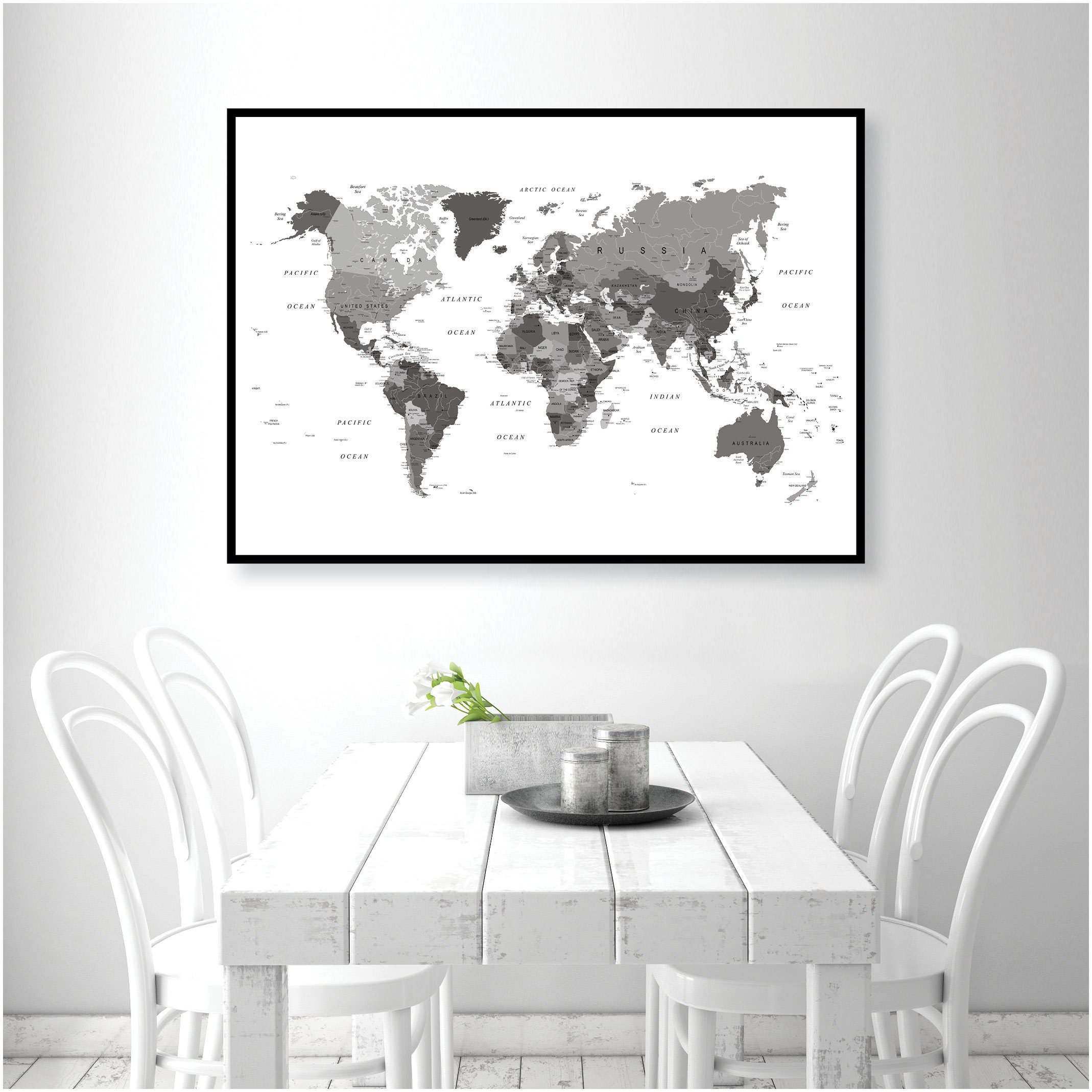 world map printable black white grey world map wall art etsy