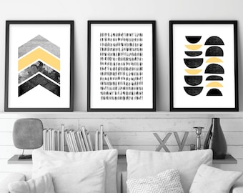 Downloadable set of 3 Scandi prints black white yellow grey Minimalist printable poster Scandinavian modern wall art Nordic digital download