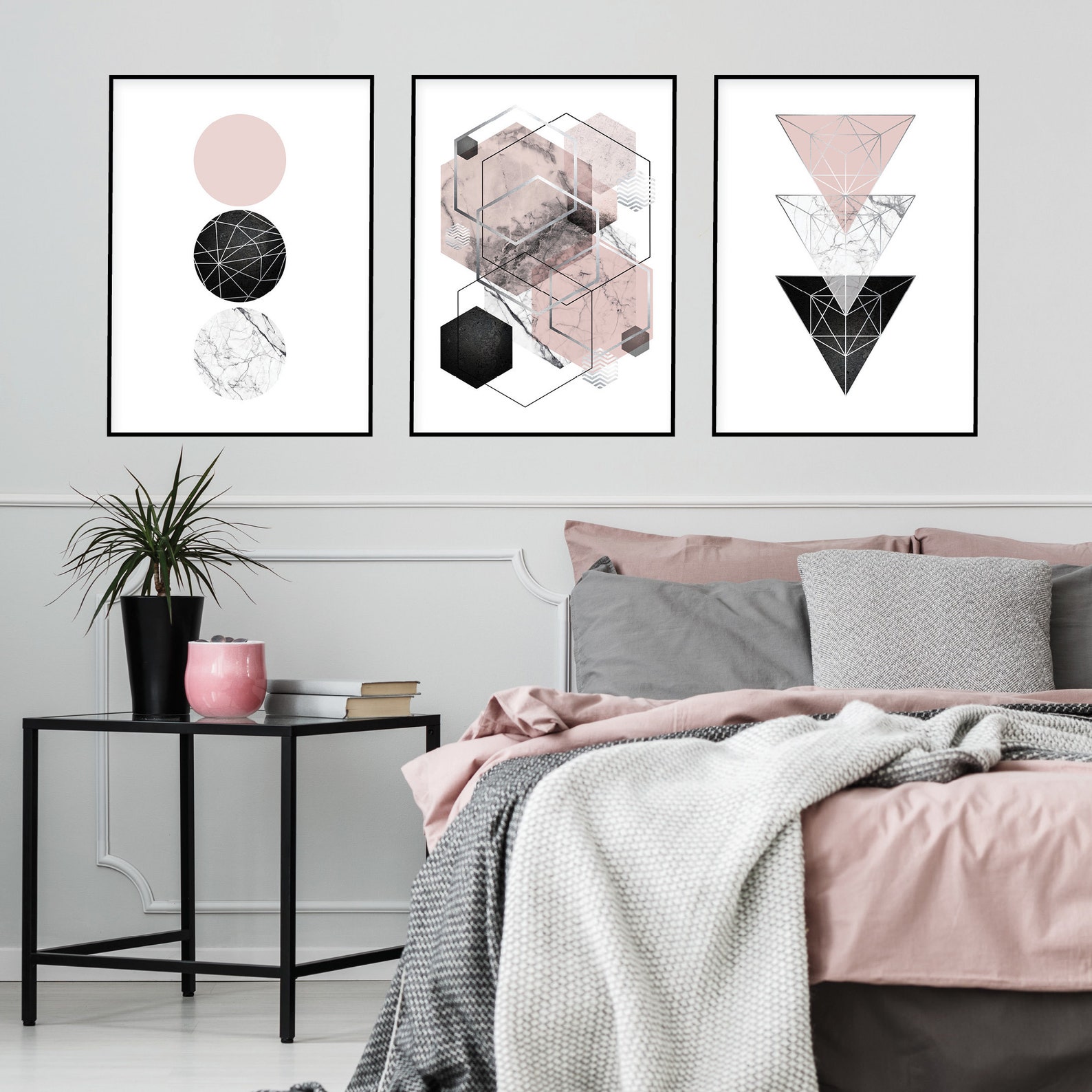 Set of 3 downloadable blush pink grey silver geometric prints Etsy